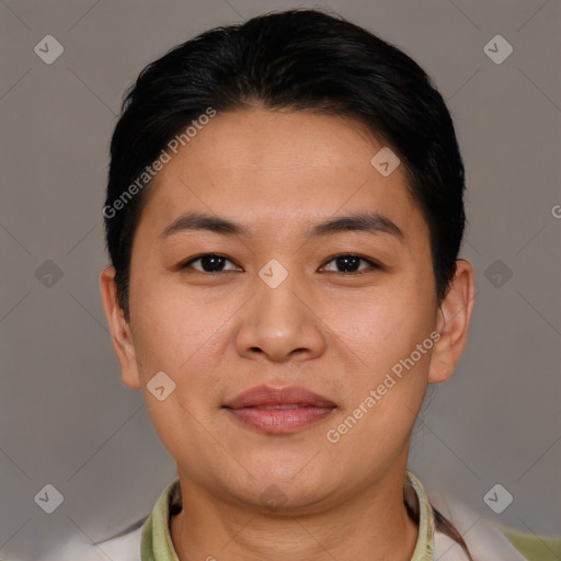 Joyful asian young-adult female with short  brown hair and brown eyes