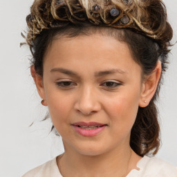 Joyful white child female with medium  brown hair and brown eyes