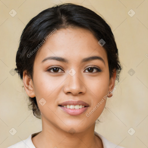 Joyful latino young-adult female with medium  brown hair and brown eyes