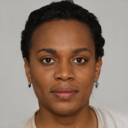 Neutral black young-adult female with short  black hair and brown eyes