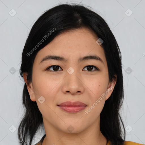 Joyful asian young-adult female with medium  black hair and brown eyes