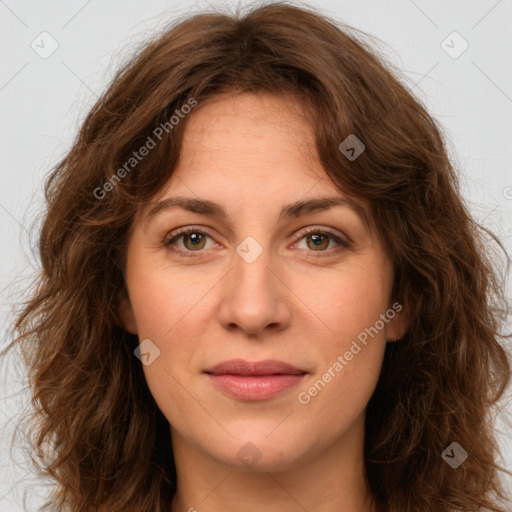 Joyful white young-adult female with long  brown hair and green eyes