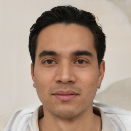 Neutral asian young-adult male with short  black hair and brown eyes