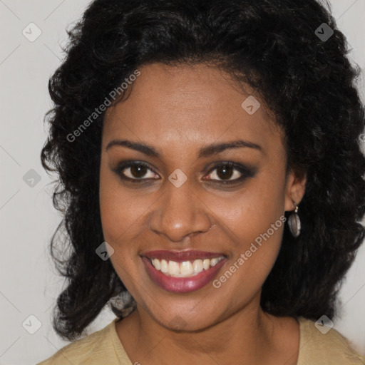 Joyful black young-adult female with medium  brown hair and brown eyes