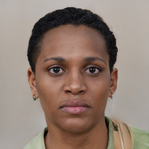 Neutral black young-adult female with short  black hair and brown eyes