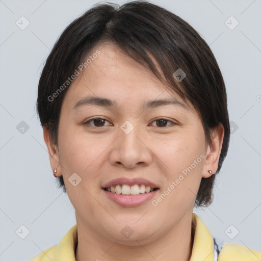 Joyful white young-adult female with short  brown hair and brown eyes