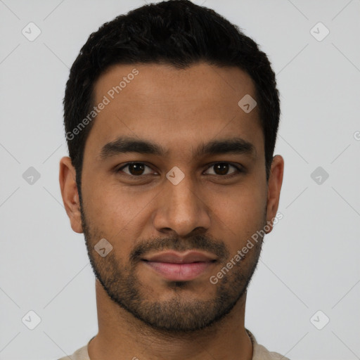 Neutral latino young-adult male with short  black hair and brown eyes