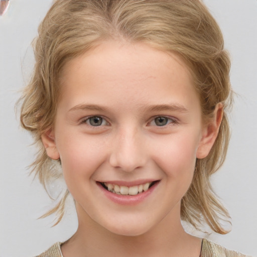 Joyful white child female with medium  blond hair and brown eyes