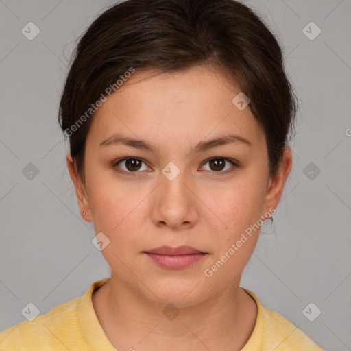 Neutral white young-adult female with medium  brown hair and brown eyes