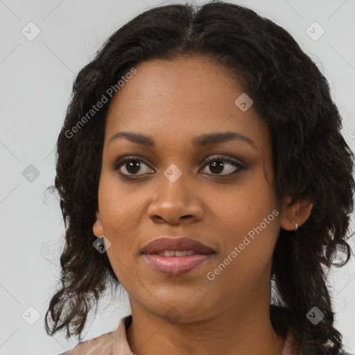 Joyful black young-adult female with medium  black hair and brown eyes