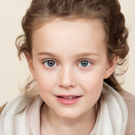 Joyful white child female with medium  brown hair and blue eyes