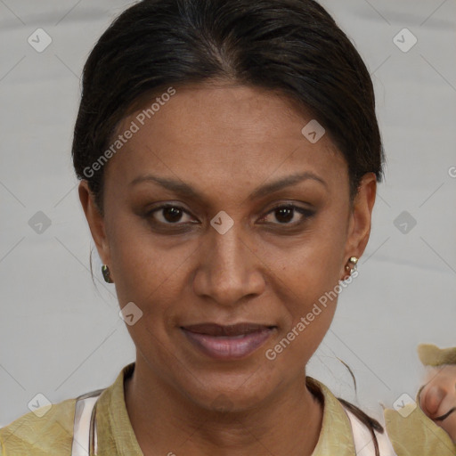 Joyful latino young-adult female with short  brown hair and brown eyes