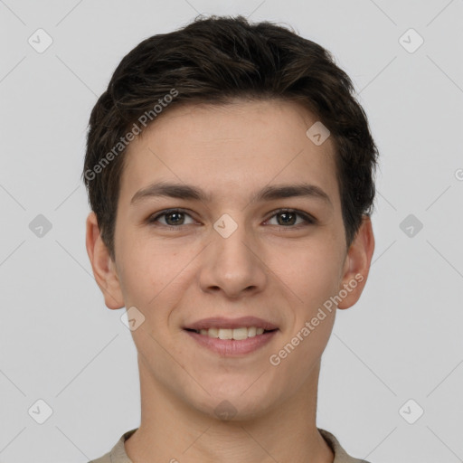 Joyful white young-adult female with short  brown hair and brown eyes