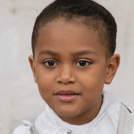 Joyful black child female with short  brown hair and brown eyes