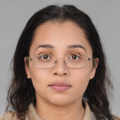 Neutral asian young-adult female with medium  brown hair and brown eyes