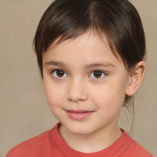 Joyful white child female with medium  brown hair and brown eyes