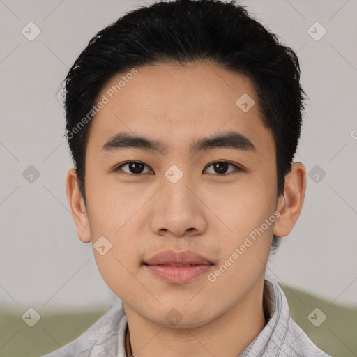 Joyful asian young-adult male with short  black hair and brown eyes