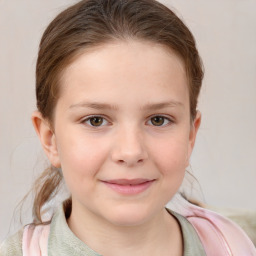 Joyful white child female with medium  brown hair and grey eyes