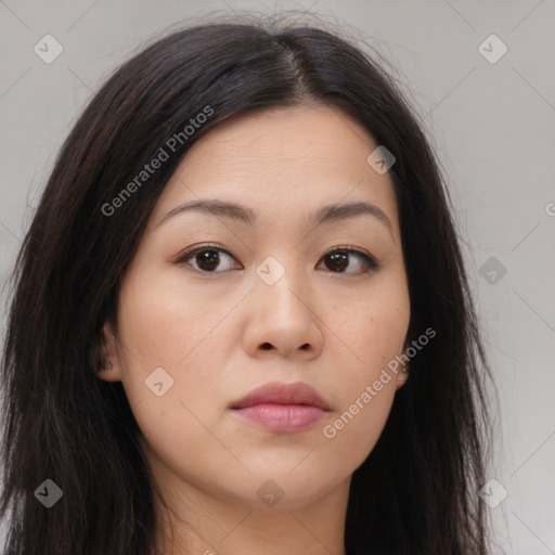 Neutral asian young-adult female with long  brown hair and brown eyes