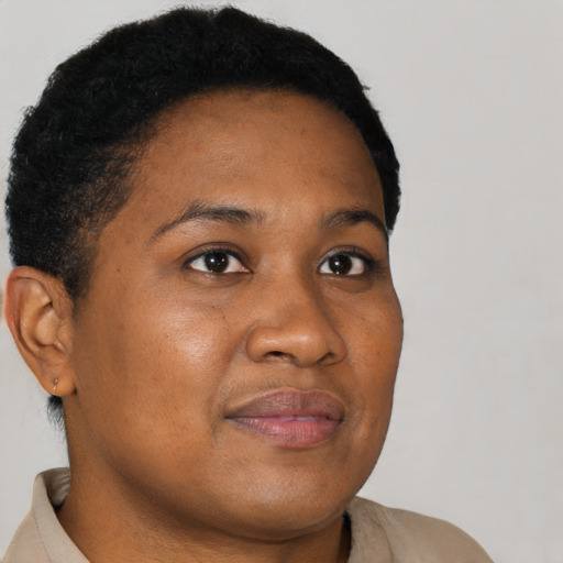 Neutral black young-adult female with short  brown hair and brown eyes
