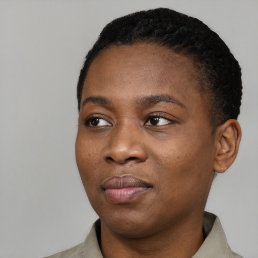 Joyful black young-adult female with short  black hair and brown eyes