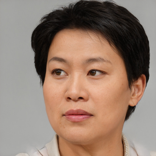 Joyful asian adult female with medium  brown hair and brown eyes
