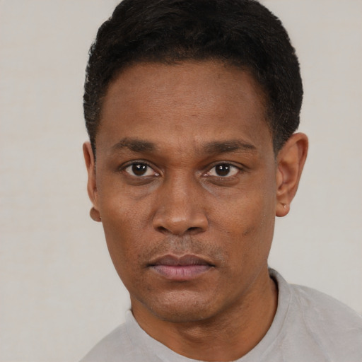Neutral black young-adult male with short  black hair and brown eyes