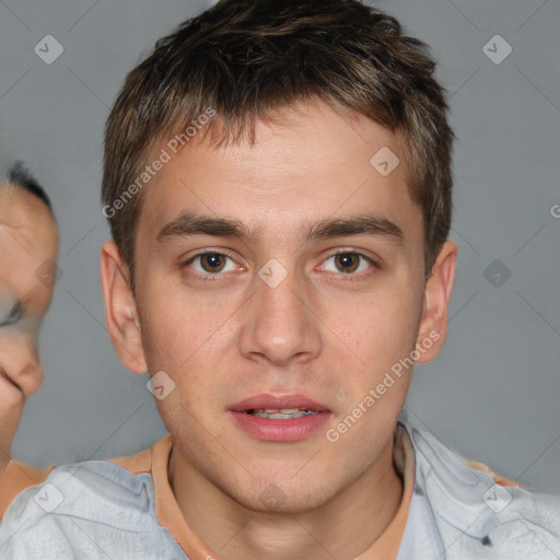 Neutral white young-adult male with short  brown hair and brown eyes