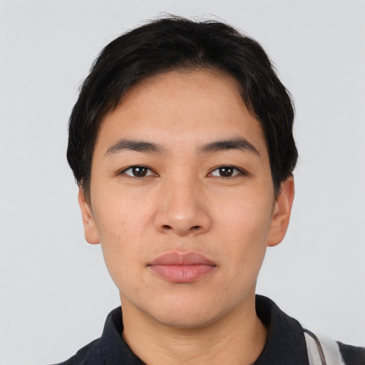 Neutral asian young-adult male with short  black hair and brown eyes