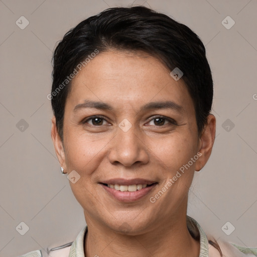 Joyful white adult female with short  brown hair and brown eyes