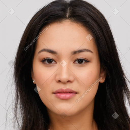 Joyful asian young-adult female with long  brown hair and brown eyes