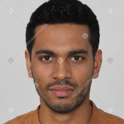 Neutral latino young-adult male with short  black hair and brown eyes