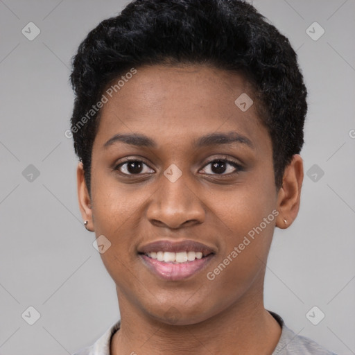 Joyful black young-adult female with short  black hair and brown eyes