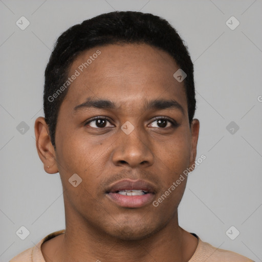 Neutral black young-adult male with short  black hair and brown eyes