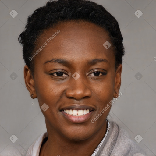 Joyful black young-adult female with short  black hair and brown eyes