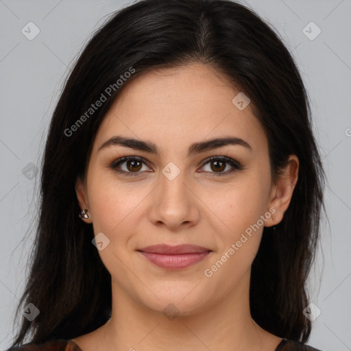 Joyful white young-adult female with long  brown hair and brown eyes