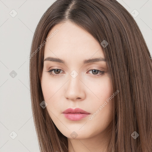 Neutral white young-adult female with long  brown hair and brown eyes