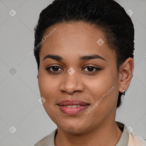 Joyful latino young-adult female with short  brown hair and brown eyes