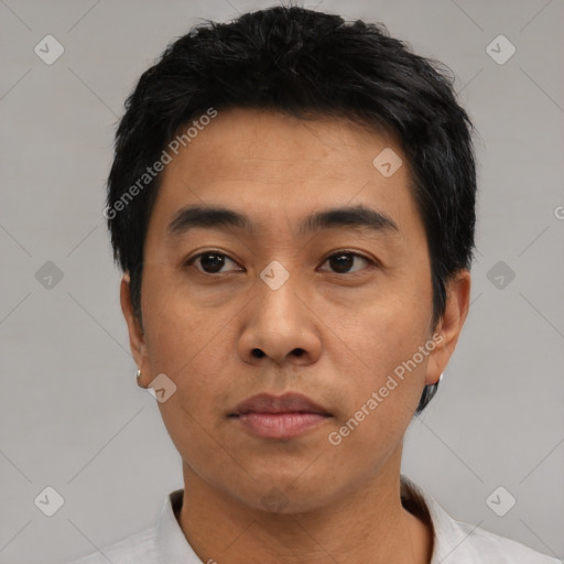 Neutral asian young-adult male with short  black hair and brown eyes