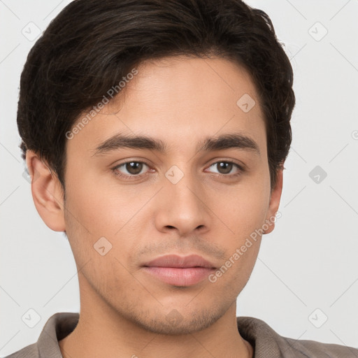 Neutral white young-adult male with short  brown hair and brown eyes