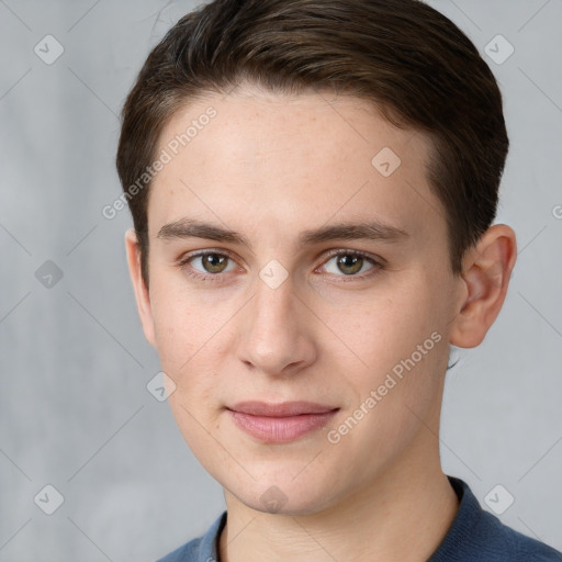 Joyful white young-adult female with short  brown hair and grey eyes