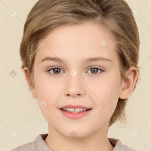 Joyful white child female with medium  brown hair and brown eyes