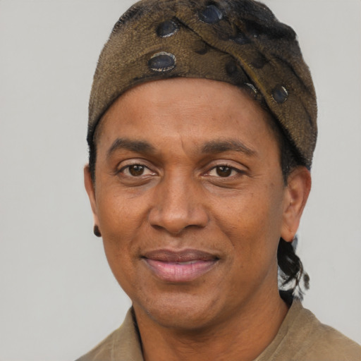 Joyful black adult male with short  brown hair and brown eyes