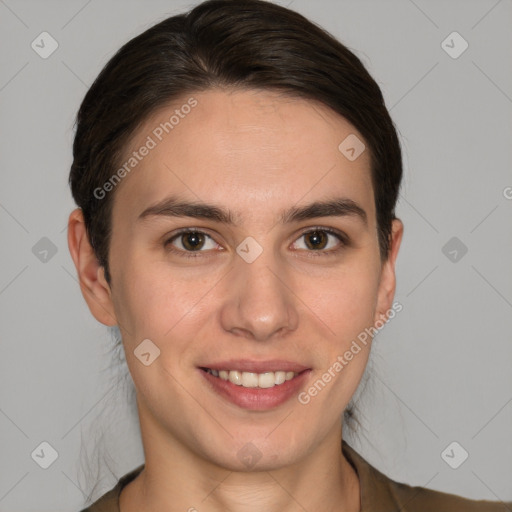 Joyful white young-adult male with medium  brown hair and brown eyes