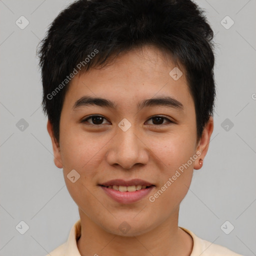 Joyful asian young-adult male with short  brown hair and brown eyes