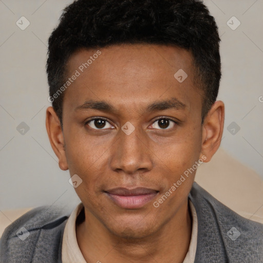 Joyful latino young-adult male with short  brown hair and brown eyes