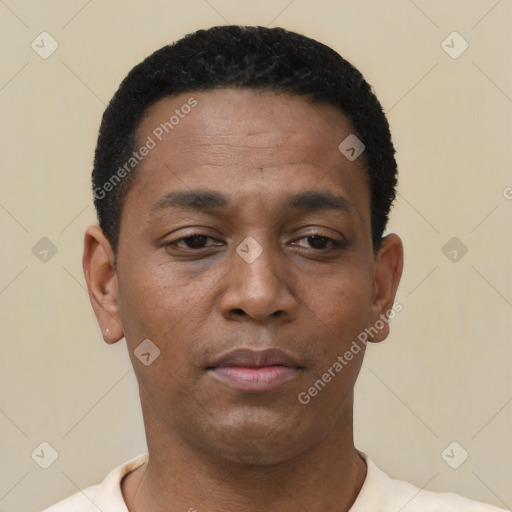 Neutral black young-adult male with short  black hair and brown eyes