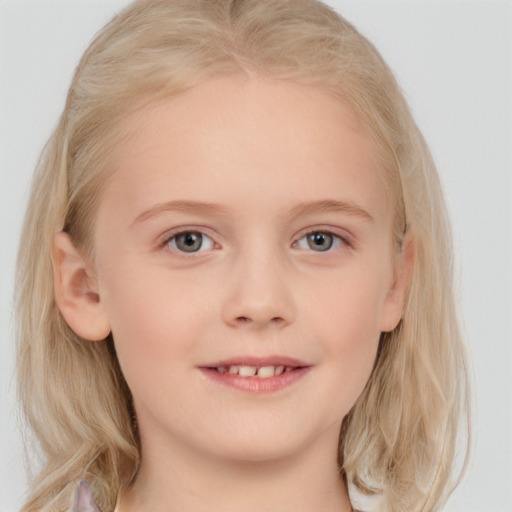 Joyful white child female with medium  blond hair and blue eyes