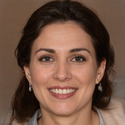 Joyful white adult female with medium  brown hair and brown eyes