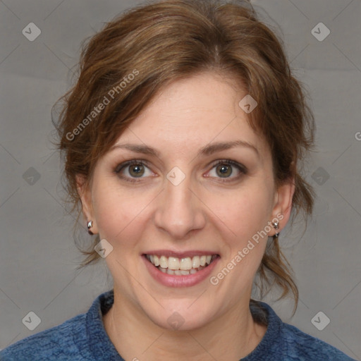 Joyful white young-adult female with medium  brown hair and blue eyes